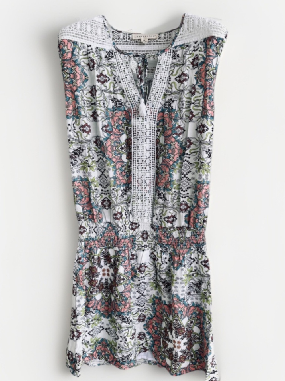 Lovestitch Boho Mini Dress M Floral Paisley Crochet Smocked Waist Tassel V-Neck